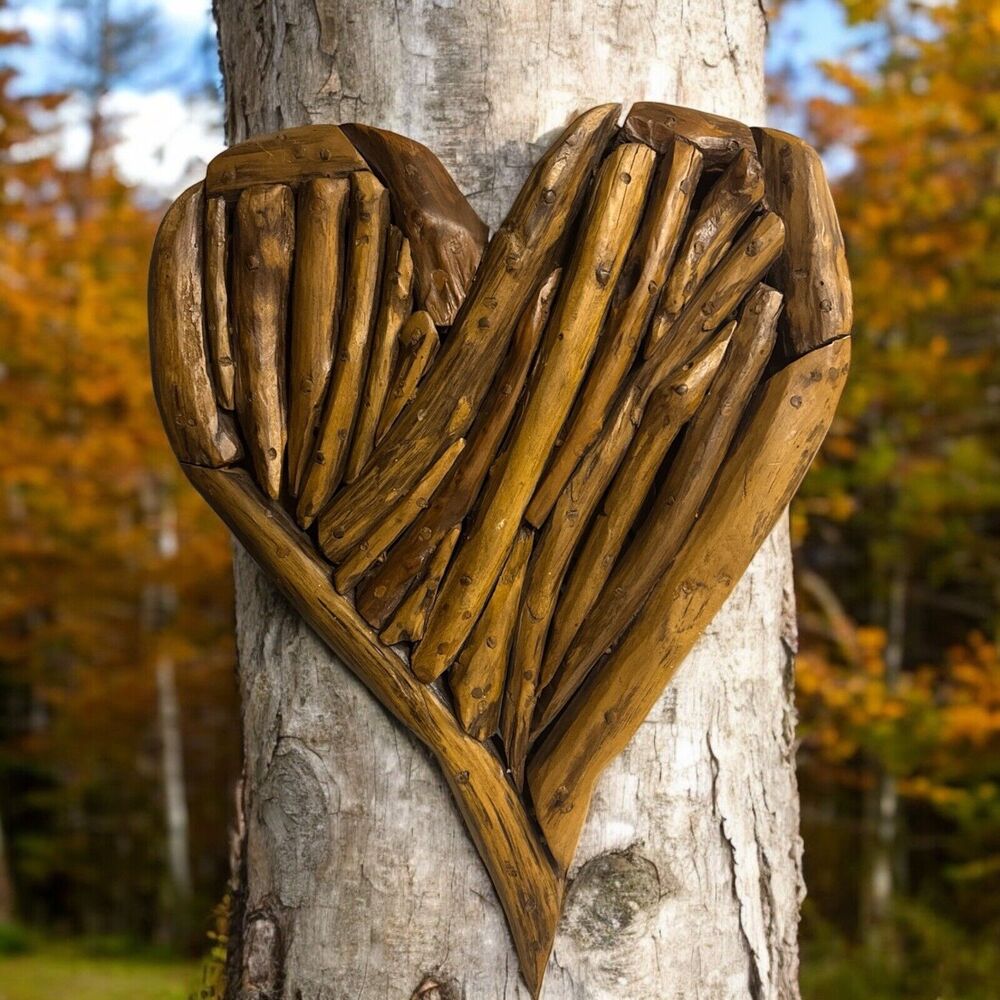 Large Heavy 25” Driftwood Heart Art Decor Wall‎ Hanging Coastal Olive and Cocoa